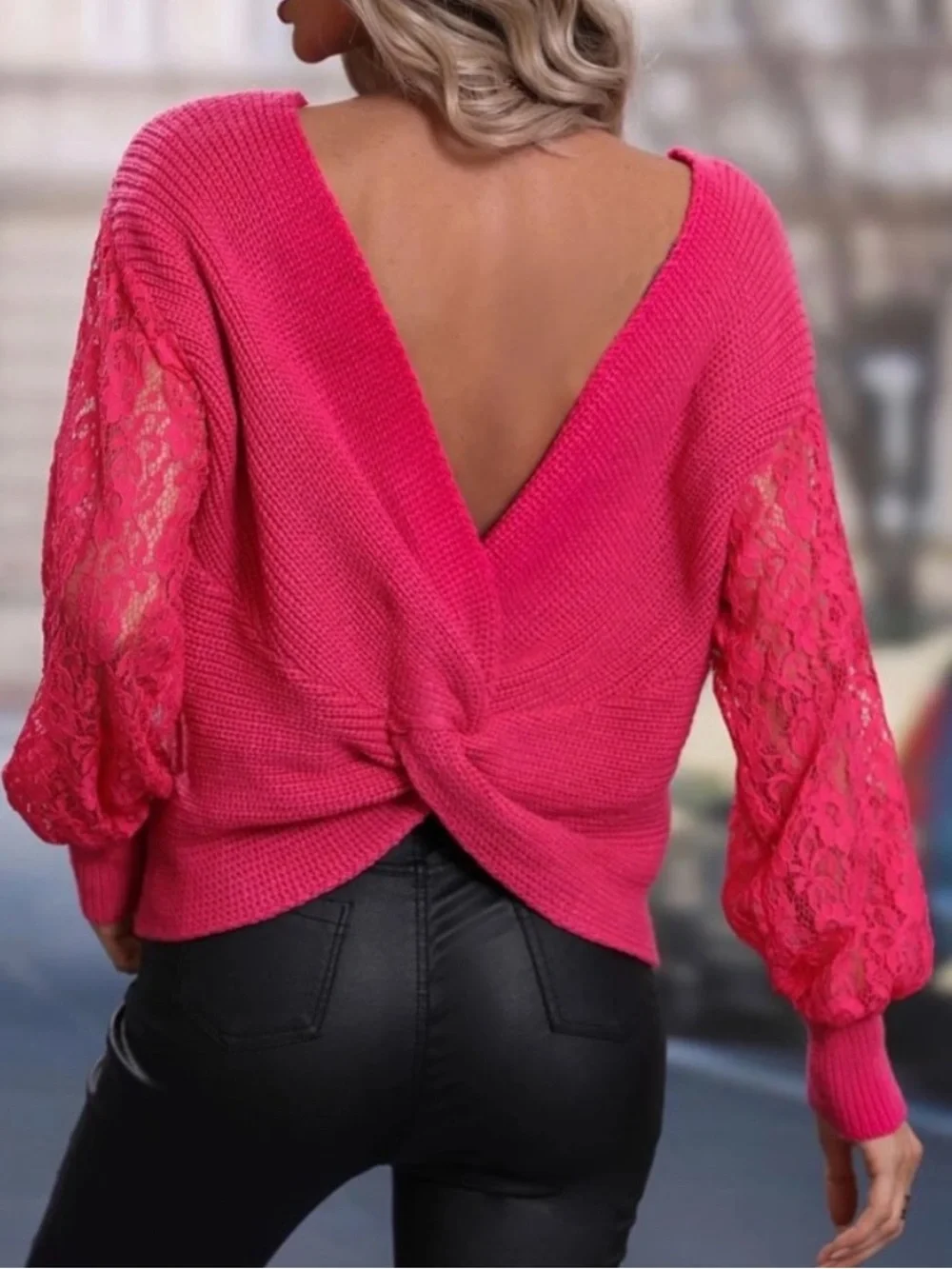 NWOT Twist Back Reversible Sweater Lace Sleeves - Hot Pink, size S